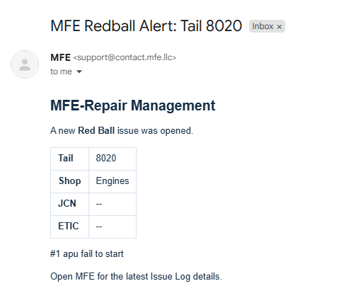 Example MFE Red Ball email alert for Tail 8020